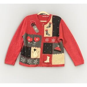 Vintage Winter Christmas Zip Cardigan‎ Petite Medium Snowman Angora Wool